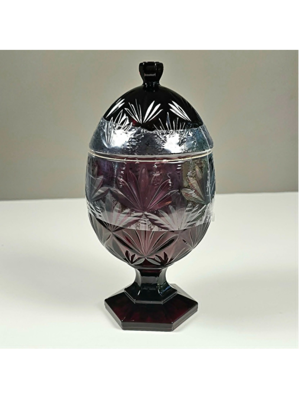 Vintage Luminarc France Ruby Red Glass Egg Candy Dish Lidded Pedestal Starburst